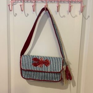 Blue Stripe Shoulder Bag with Red Lobster Appliqué - Women
